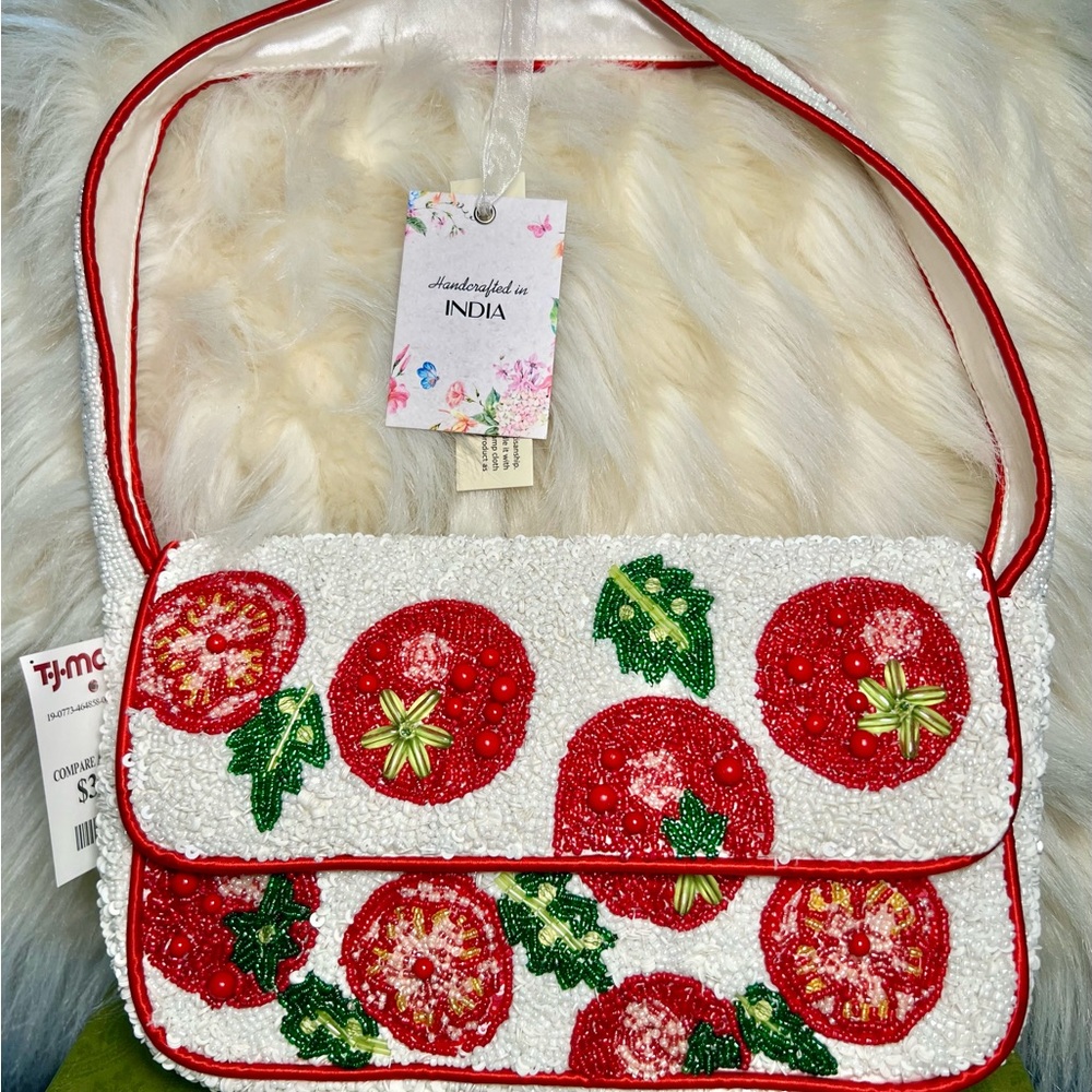 Handcrafted Beaded Tomato Design Bag - Red and White